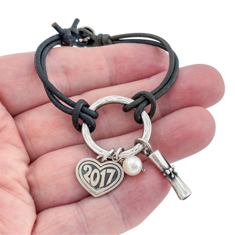 James Avery Sterling Silver 2017 Graduation Charm Leather Bracelet 6.5"